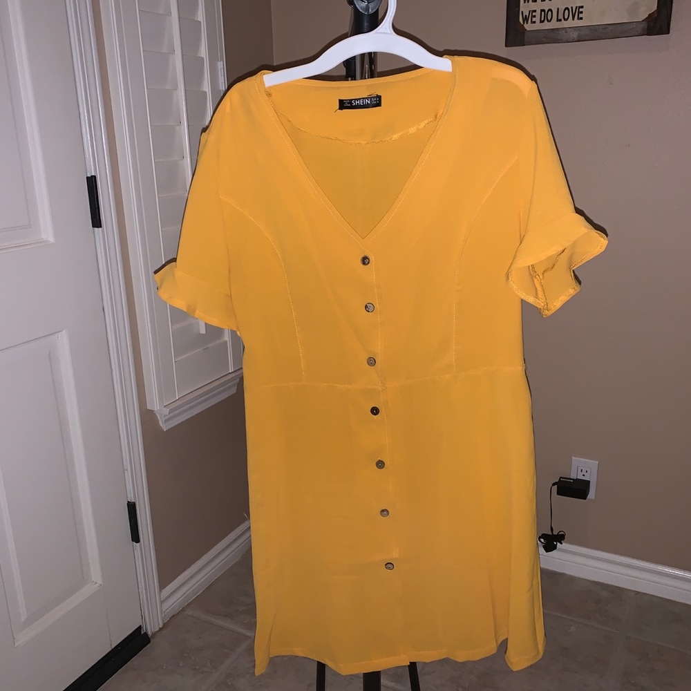 Mustard Button Front Short Sleeve Dress
